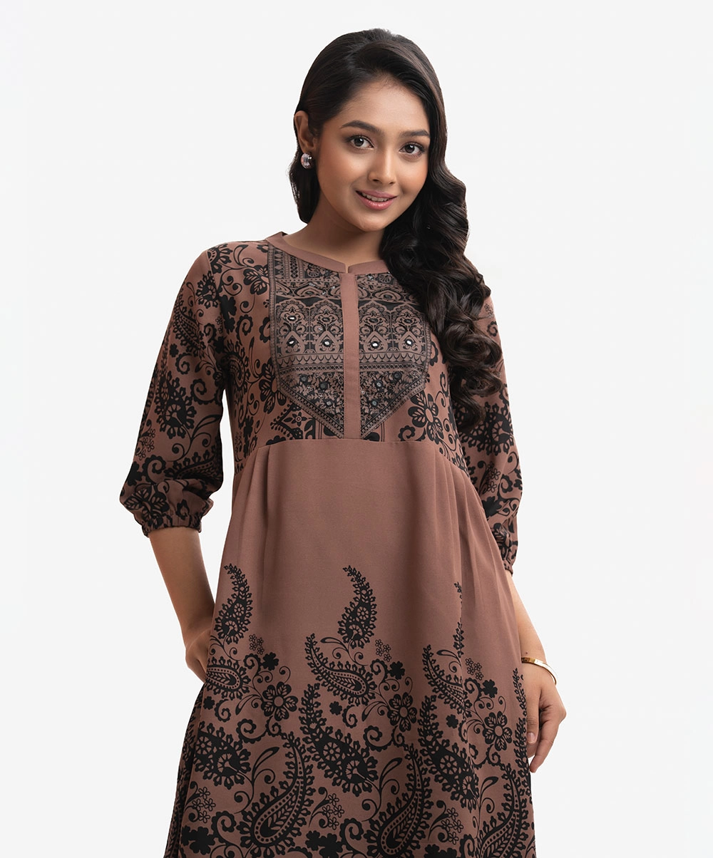 Beige Viscose A-line Kameez