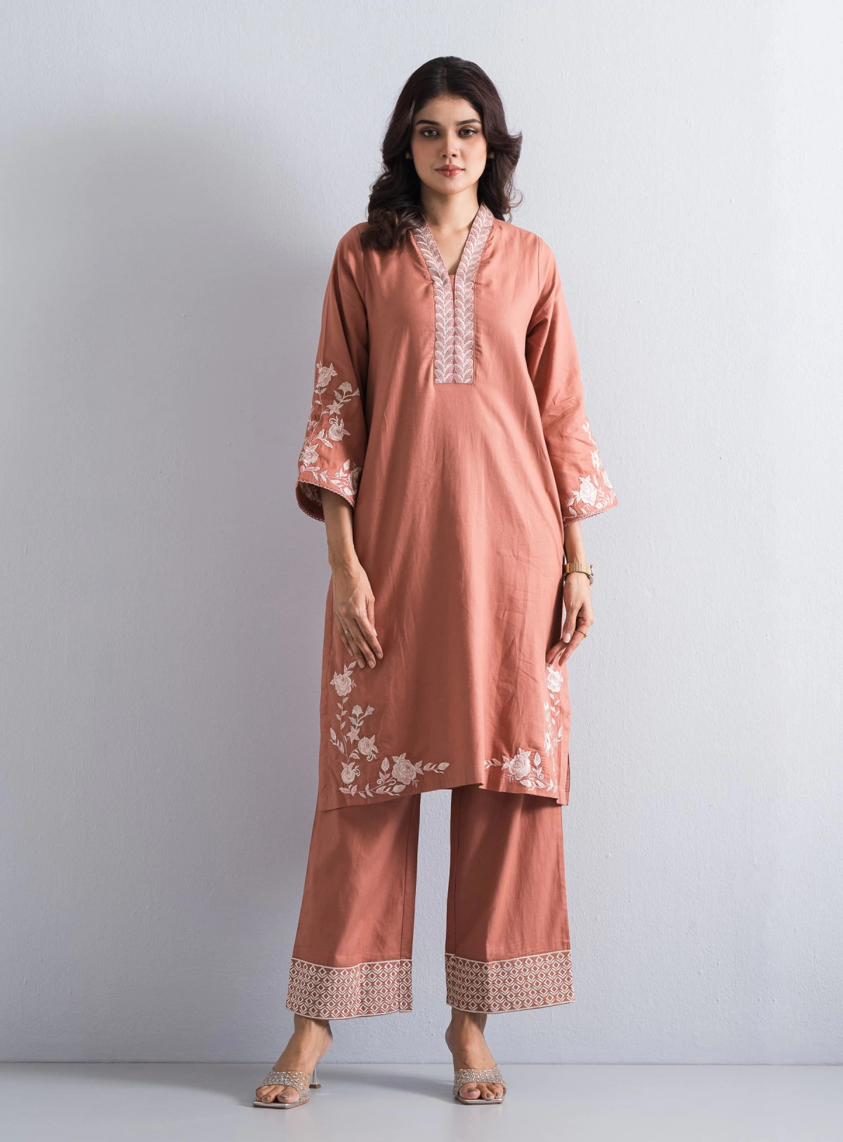 Beige Viscose A-line Kameez